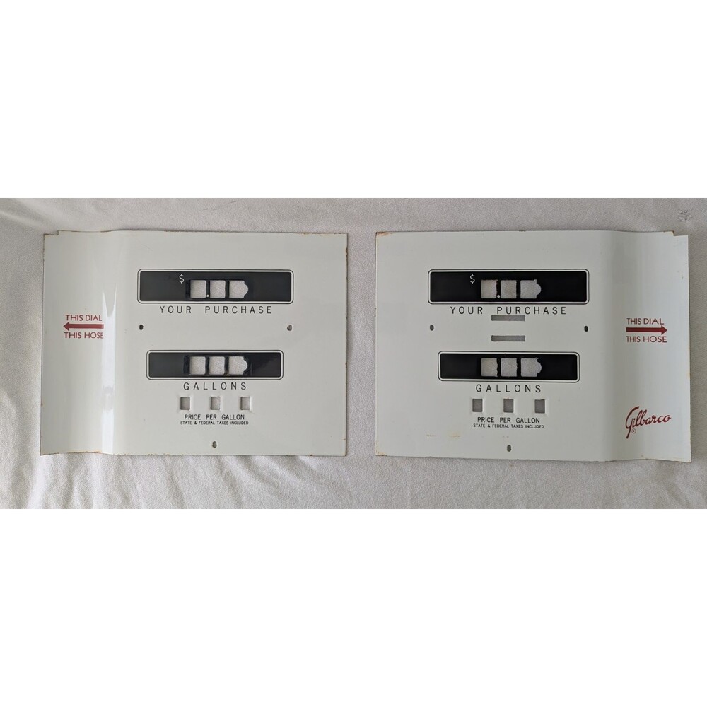 Vintage Gilbarco Porcelain Gas Pump Face Plate Panel Sign Pair Antique Station